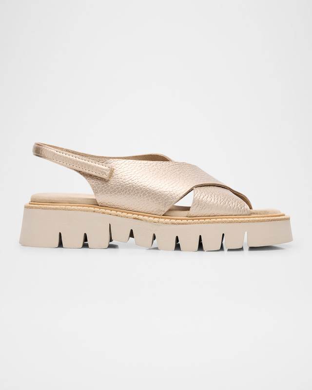 Metallic Leather Crisscross Flatform Sandals